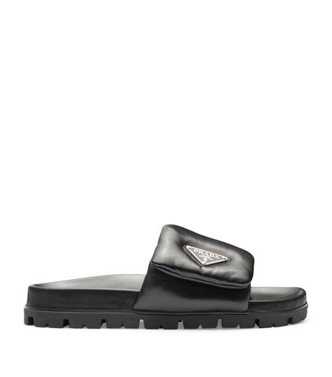 prada flat leather slides women|black leather slides prada.